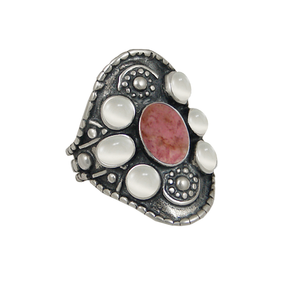 Sterling Silver High Queen's Ring With Rhodonite And White Moonstone Size 6